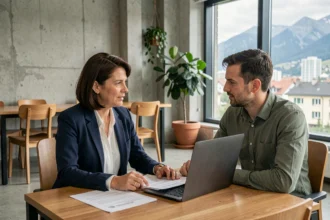 Consultante en portage salarial accompagnant une professionnelle dans un espace de coworking à Grenoble