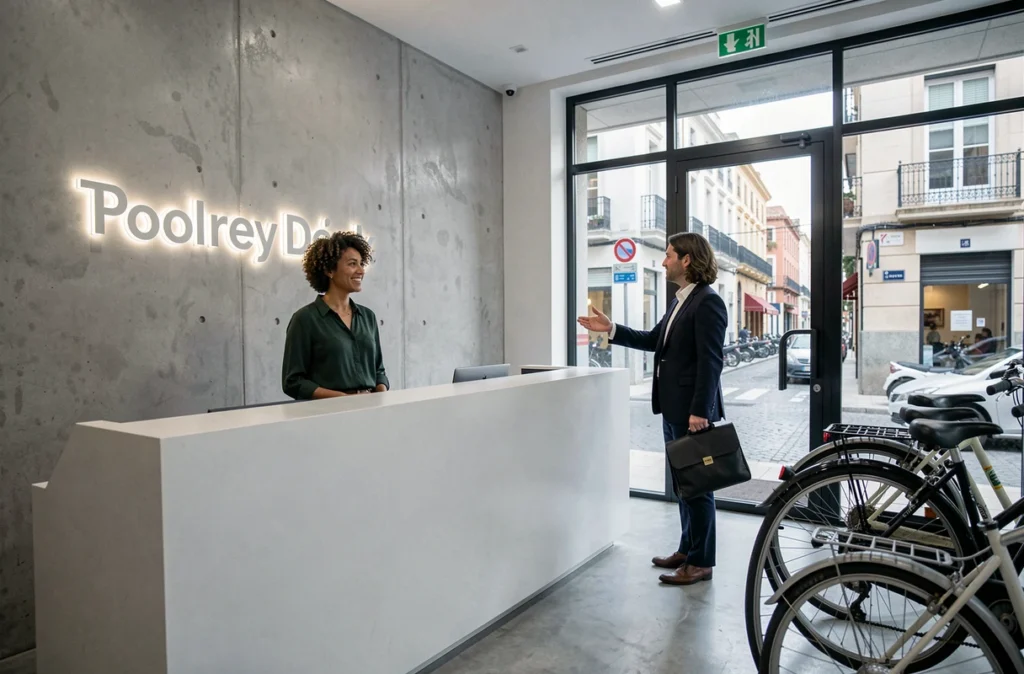 Réception accueillante d'un espace de coworking à Valence avec une hôtesse et une entrée moderne