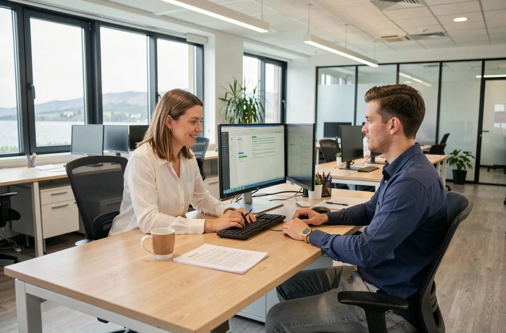 Conseillère Adecco en entretien de recrutement avec un candidat dans une agence du Finistère