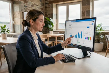 Consultante en agence Google Ads en Bretagne analysant des campagnes publicitaires sur un écran dans un bureau moderne