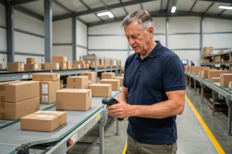 Agent logistique Mondial Relay scannant des colis sur un tapis roulant dans l'entrepôt de Harnes, Pas-de-Calais