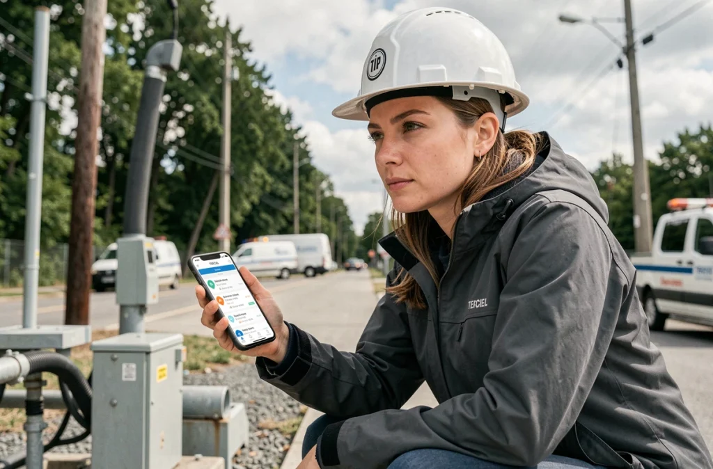 Agente terrain en situation réelle consultant l'application TERCIEL sur smartphone pour accéder aux informations clés