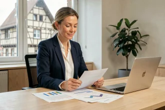 Cheffe d'entreprise alsacienne étudiant des dossiers d'aides régionales dans un bureau moderne à Strasbourg