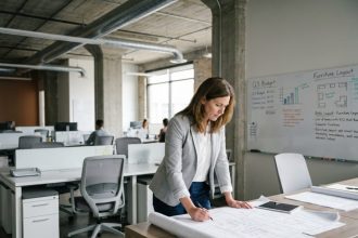 Responsable administrative évaluant l'aménagement d'un bureau fonctionnel à budget maîtrisé dans un espace de travail moderne