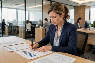 Une professionnelle analyse des indicateurs économiques territoriaux sur des rapports imprimés dans un bureau moderne, identifiant des erreurs courantes dans les données