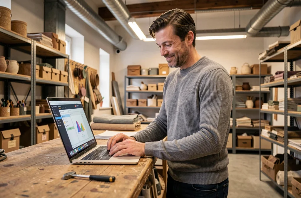 Artisan dirigeant d'une PME française utilisant un outil d'intelligence artificielle pour optimiser sa production dans son atelier