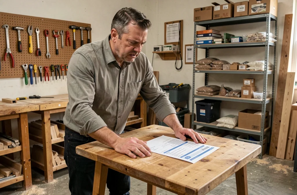 Artisan consultant un relevé bancaire préoccupant dans son atelier de petite entreprise