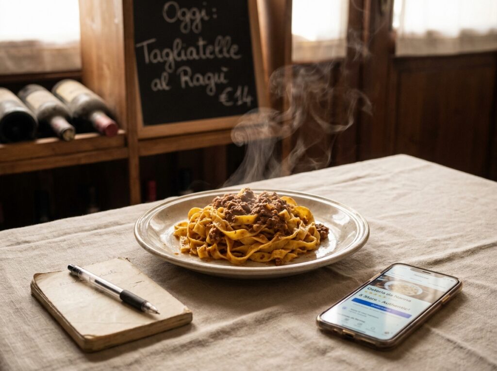 Assiette de tagliatelles maison dans une osteria italienne avec guide de restaurants sur smartphone