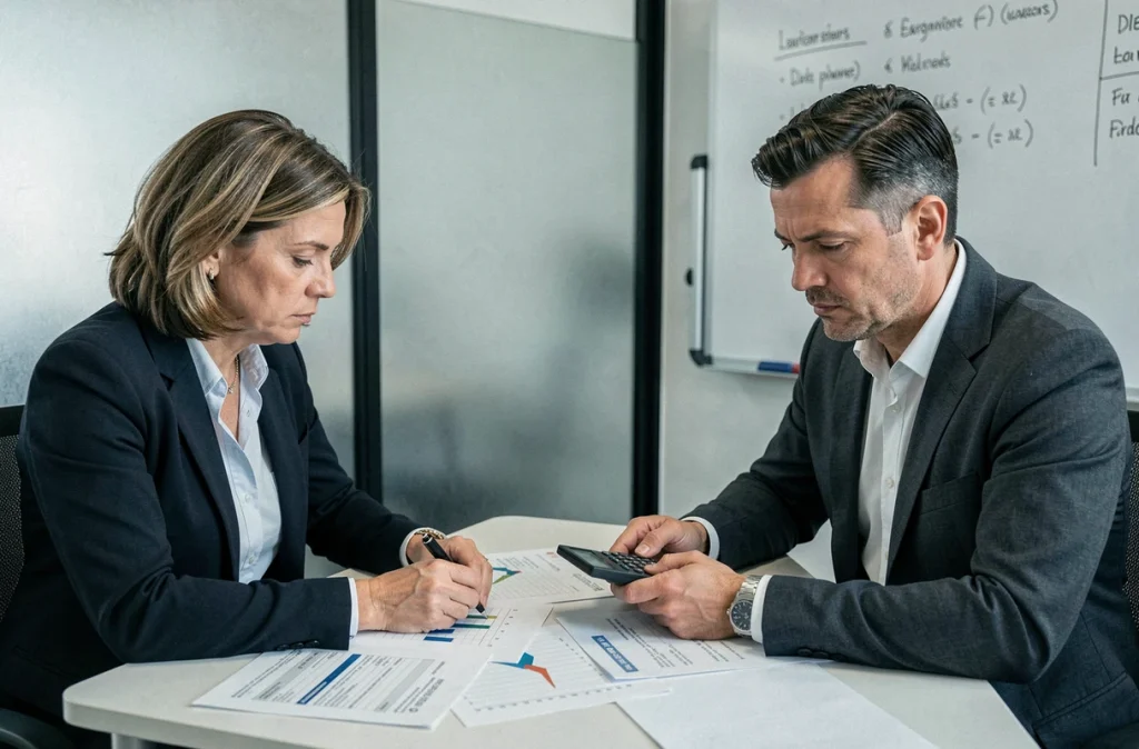 Deux associés d'une petite entreprise analysant des factures impayées lors d'une réunion financière