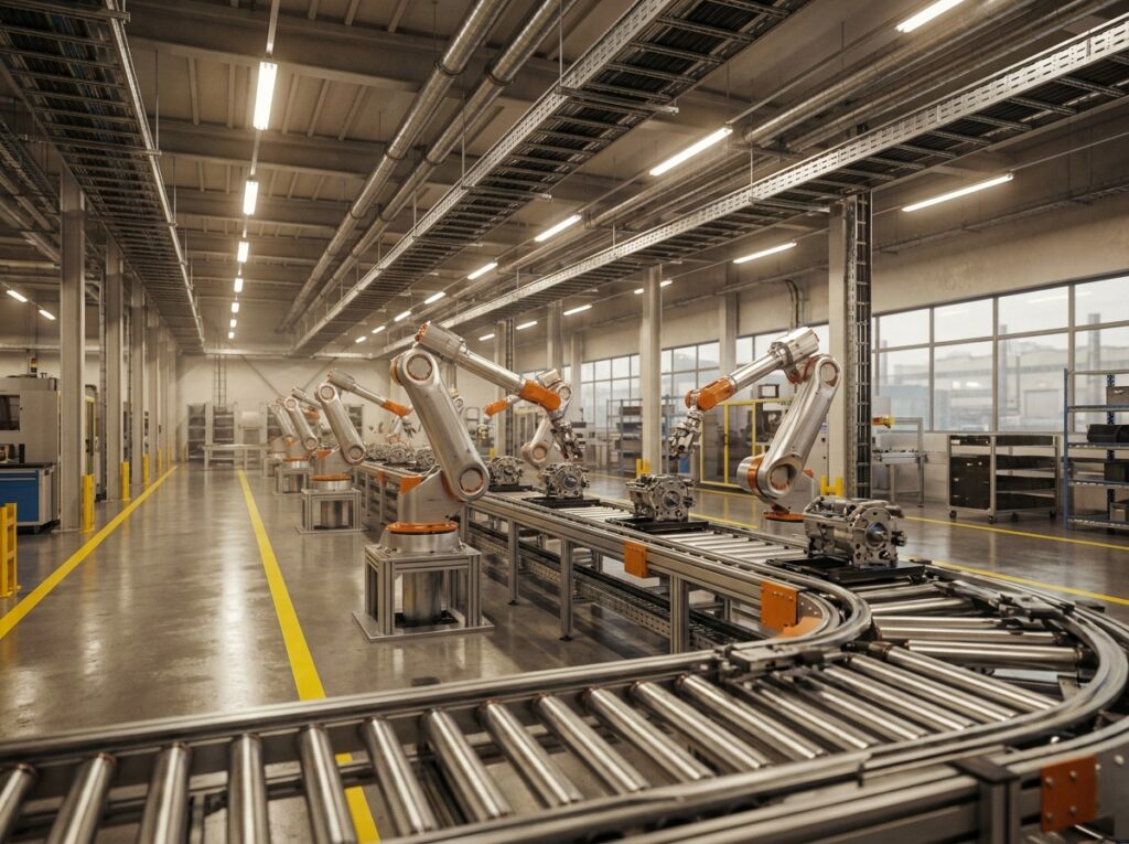 Vue grand angle d'un atelier de fabrication automatisé avec des bras robotiques et des convoyeurs en fonctionnement continu