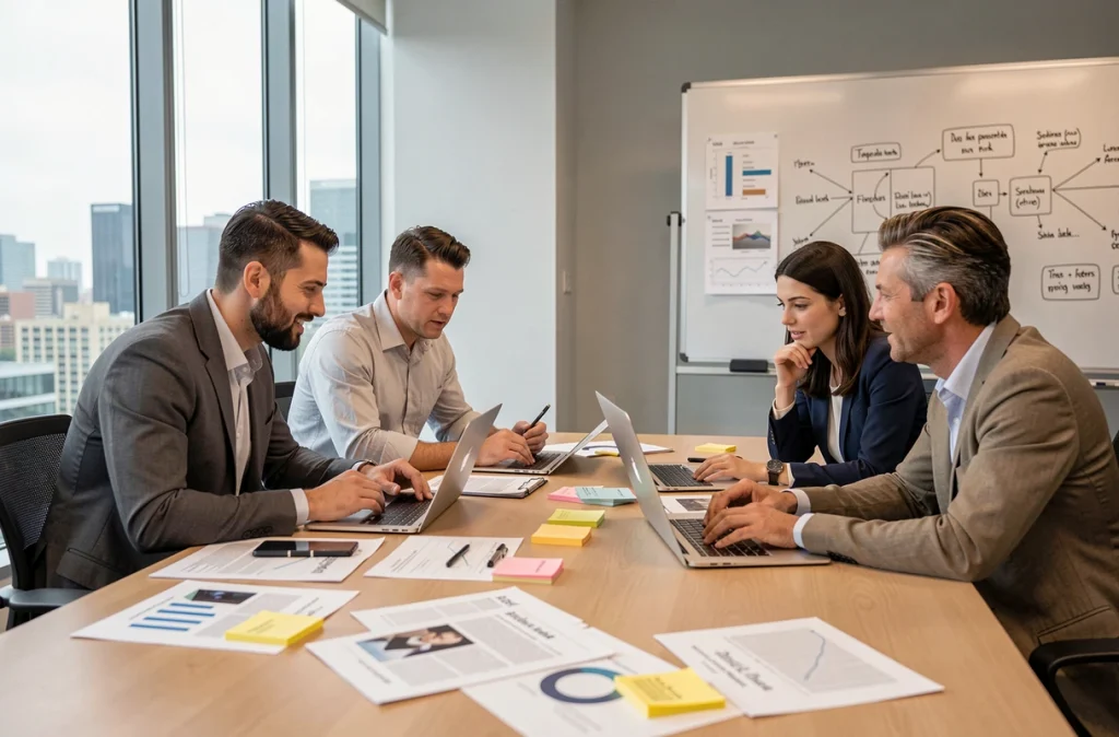 Groupe de professionnels adultes en session de formation collective dans une salle de réunion d'entreprise contemporaine