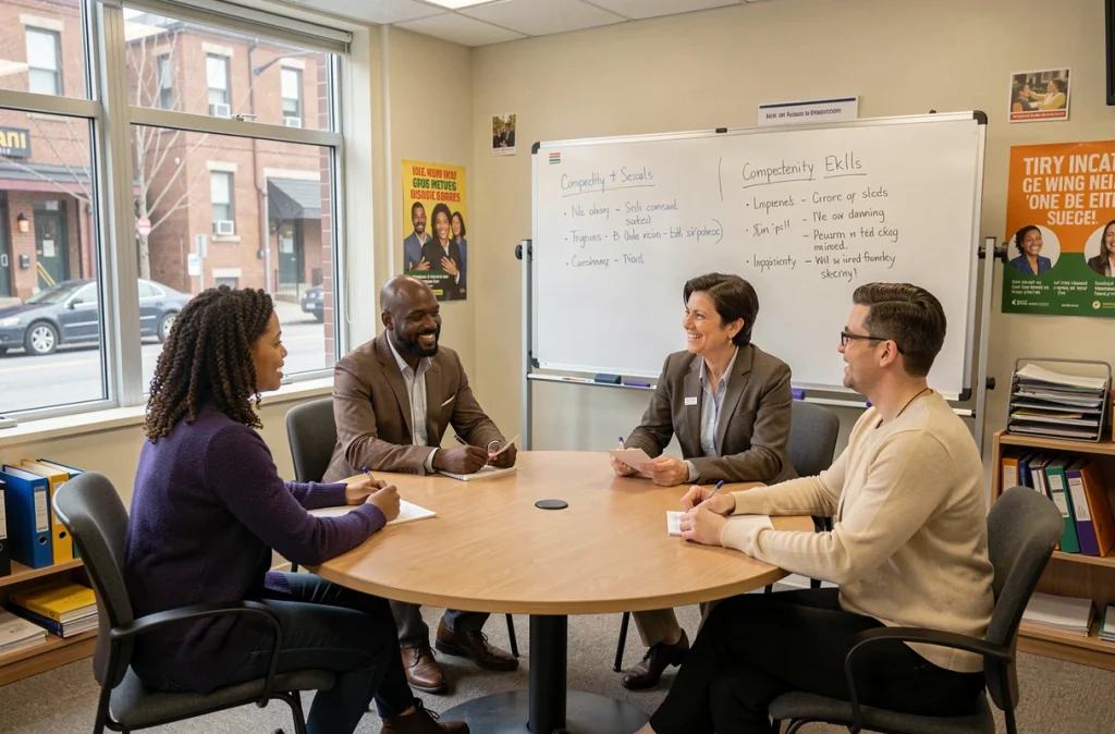 Atelier de recrutement sans CV en centre pour l'emploi, évaluation collective des compétences professionnelles