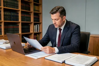 Avocat spécialisé en droit commercial assis à son bureau dans un cabinet dédié, examinant un contrat commercial avec attention
