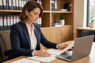 Avocate examinant des documents d'enregistrement de marque à l'Institut national de la propriété intellectuelle dans un bureau professionnel