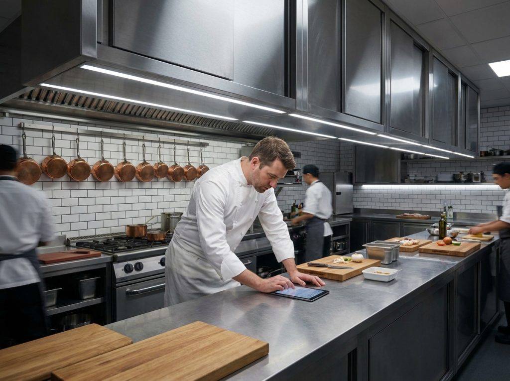 Cuisine professionnelle de restaurant équipée de bandeaux LED 220V sous les meubles hauts en inox avec chef cuisinier au travail