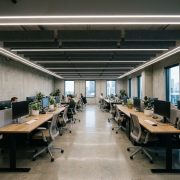 Bandeau LED 220V installé en périphérie du plafond d'un open-space professionnel moderne avec bureaux ergonomiques et sol en béton poli