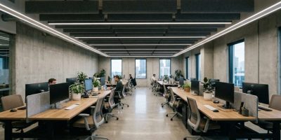 Bandeau LED 220V installé en périphérie du plafond d'un open-space professionnel moderne avec bureaux ergonomiques et sol en béton poli