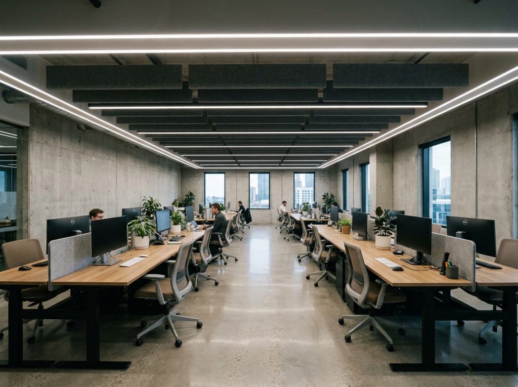 Bandeau LED 220V installé en périphérie du plafond d'un open-space professionnel moderne avec bureaux ergonomiques et sol en béton poli