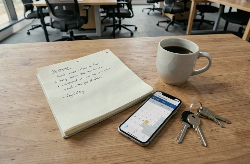 Vue de dessus d'un bureau de coworking avec smartphone, agenda et notes pour réserver un poste de travail à Albi