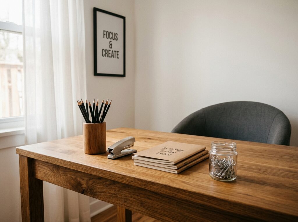 Bureau à domicile parfaitement organisé avec fournitures rangées sur un bureau en chêne dans un cadre apaisant