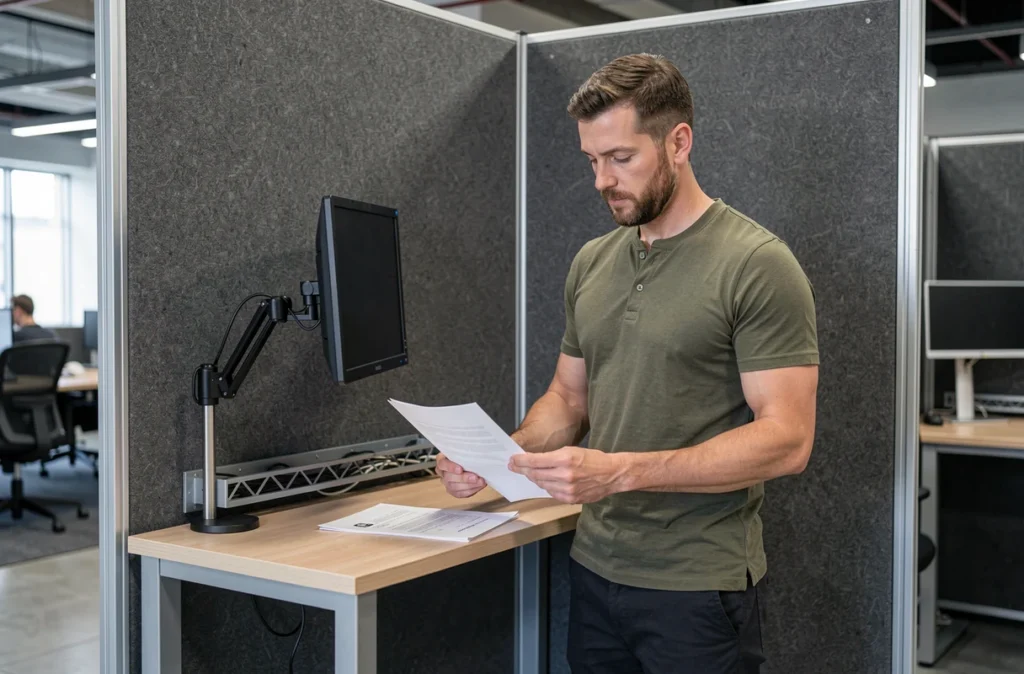 Homme travaillant debout dans une cabine privée acoustique d'un espace de coworking