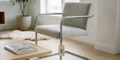 Chaise cantilever neuve avec étiquette de prix dans un salon scandinave minimaliste aux tons clairs