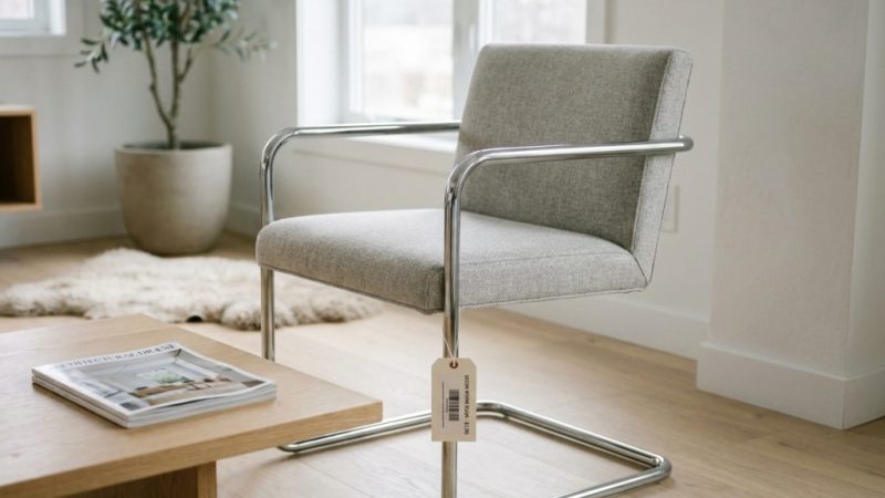 Chaise cantilever neuve avec étiquette de prix dans un salon scandinave minimaliste aux tons clairs