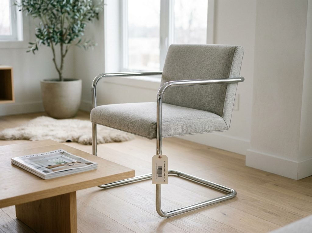 Chaise cantilever neuve avec étiquette de prix dans un salon scandinave minimaliste aux tons clairs