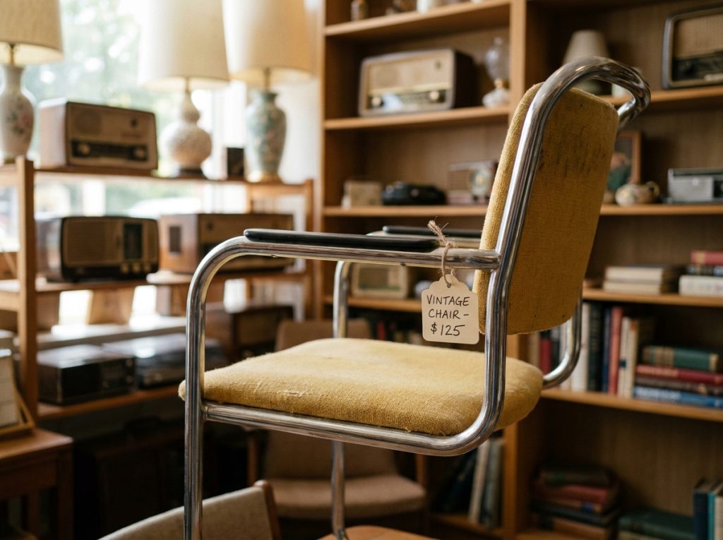 Chaise cantilever d'occasion vintage avec patine dans un magasin de meubles de seconde main