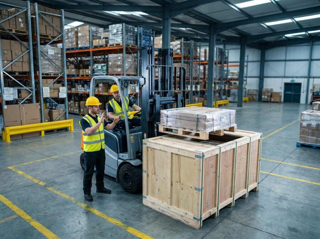 Ouvriers utilisant un chariot élévateur pour charger des marchandises par le dessus d'une caisse en bois dans un entrepôt logistique