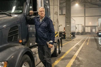 Chauffeur poids lourd de nuit montant dans sa cabine dans un dépôt de fret industriel
