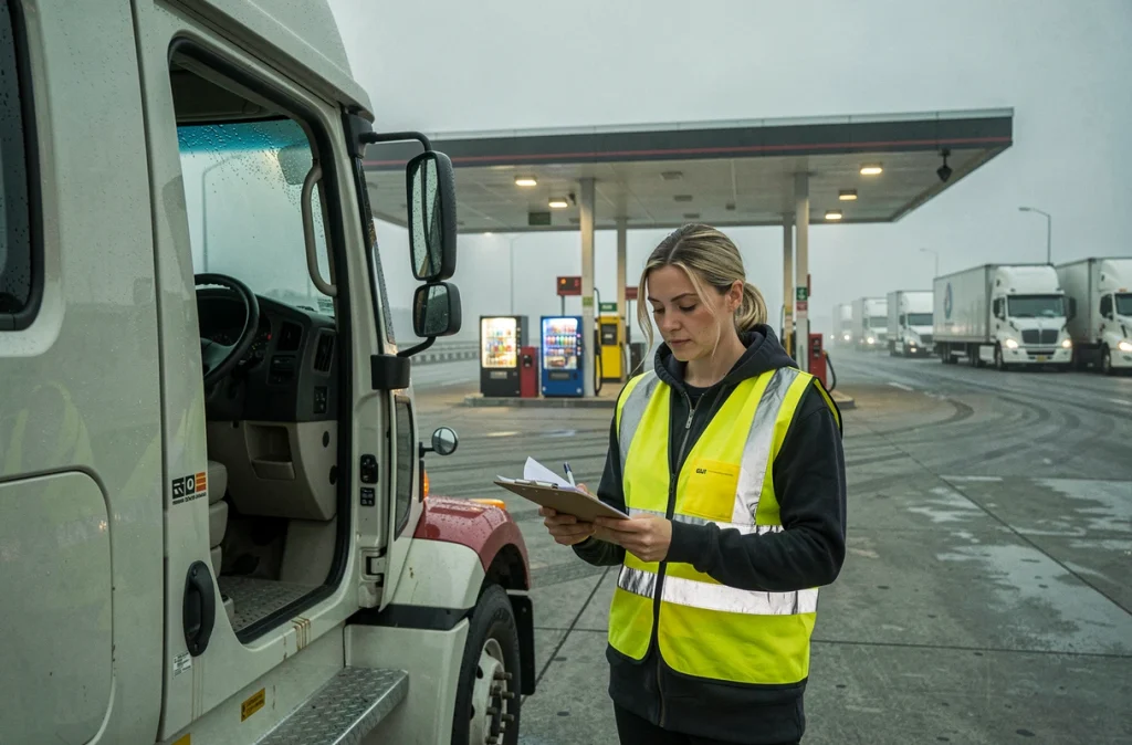 Chauffeuse poids lourd inspectant ses documents à une aire de repos autoroutière de nuit