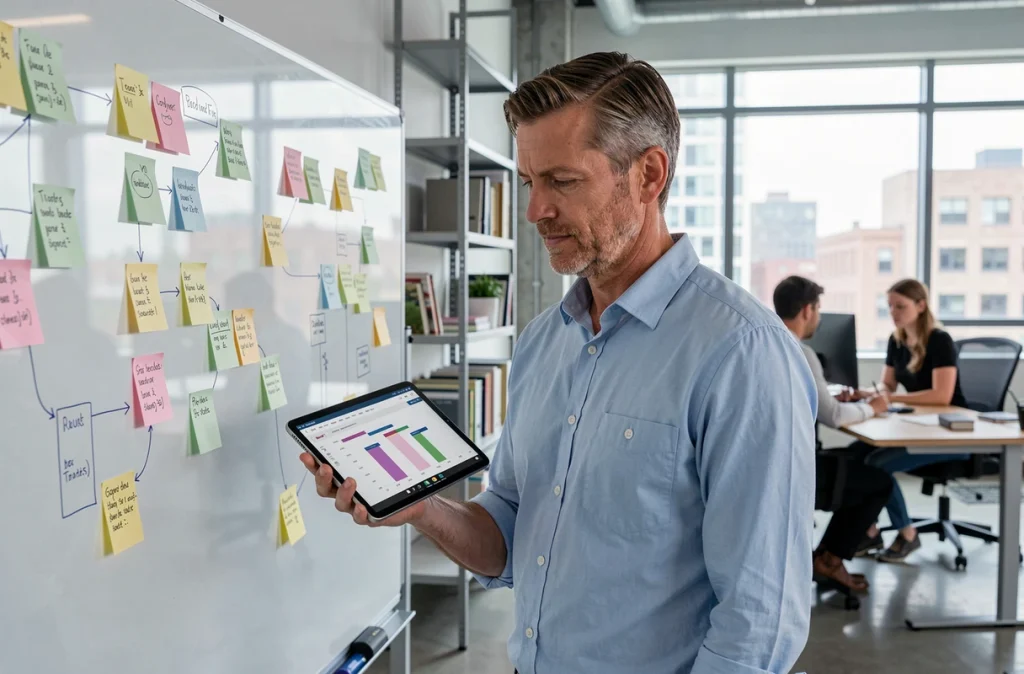 Chef de projet présentant un planning Gantt sur tablette devant un tableau de bord en agence