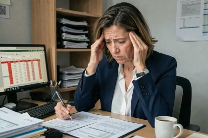 Cheffe d'entreprise stressée face à des factures impayées dans un bureau de PME