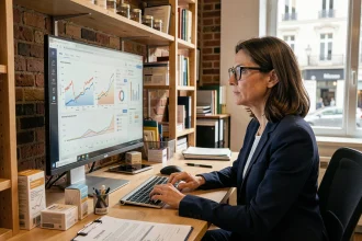 Cheffe d'entreprise d'une PME française analysant des données d'intelligence artificielle sur un écran dans un bureau moderne