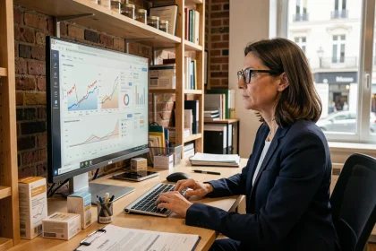 Cheffe d'entreprise d'une PME française analysant des données d'intelligence artificielle sur un écran dans un bureau moderne