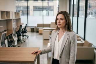 Femme évaluant un bureau dans un showroom de mobilier de bureau moderne avant un achat