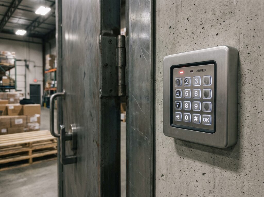 Gros plan sur un clavier d'alarme professionnel installé à côté d'une porte sécurisée dans un entrepôt industriel