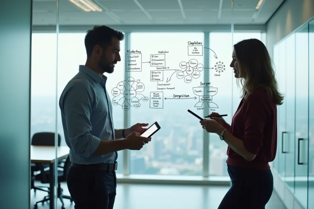 Deux collègues expliquant des concepts de connexion en business intelligence sur un tableau blanc dans une salle de réunion
