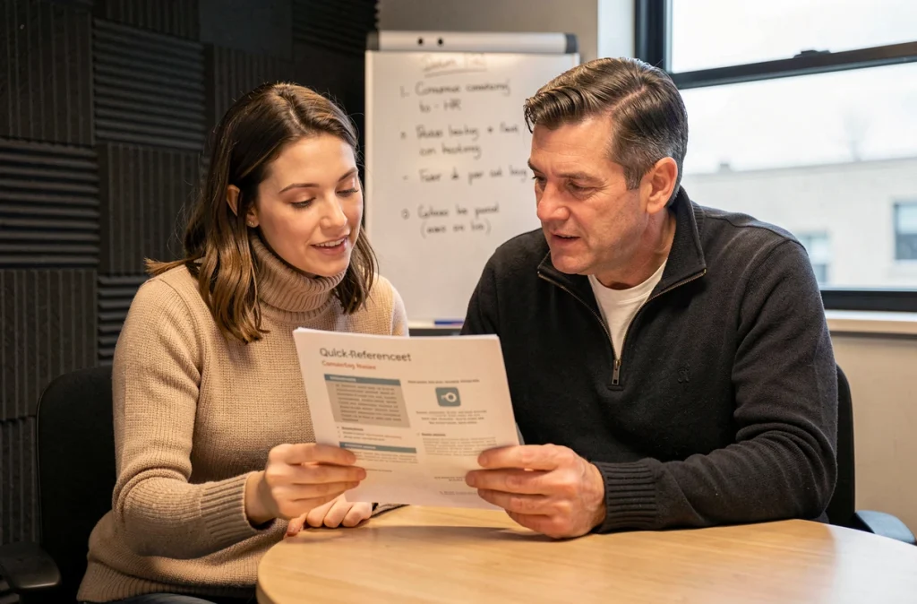 Deux collègues consultant un guide de connexion aux portails RH maboxrh et extranet La Poste dans une salle de réunion