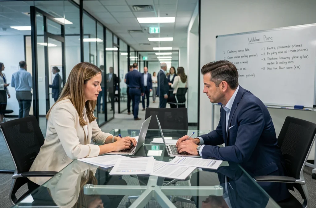 Deux collègues discutant de nouvelles règles de télétravail autour d'une table de réunion vitrée dans un environnement professionnel moderne