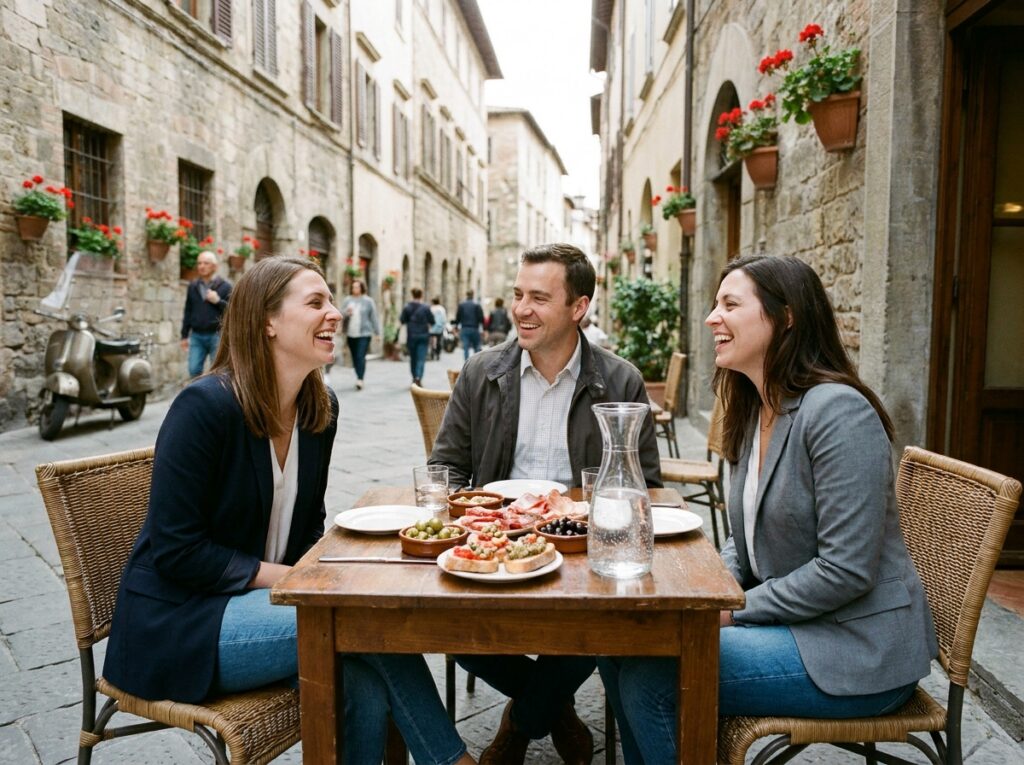 Collègues en voyage d'affaires partageant des antipasti en terrasse d'un restaurant italien