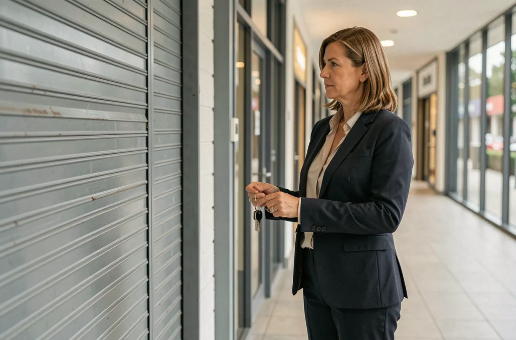 Commerçante devant la porte fermée de son magasin dans un centre commercial avec d'autres enseignes vacantes en arrière-plan