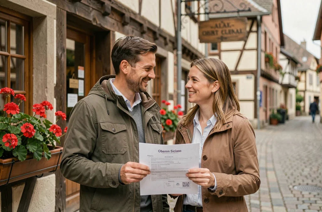 Couple de commerçants alsaciens devant leur boutique à colombages tenant un plan de développement avec des aides régionales