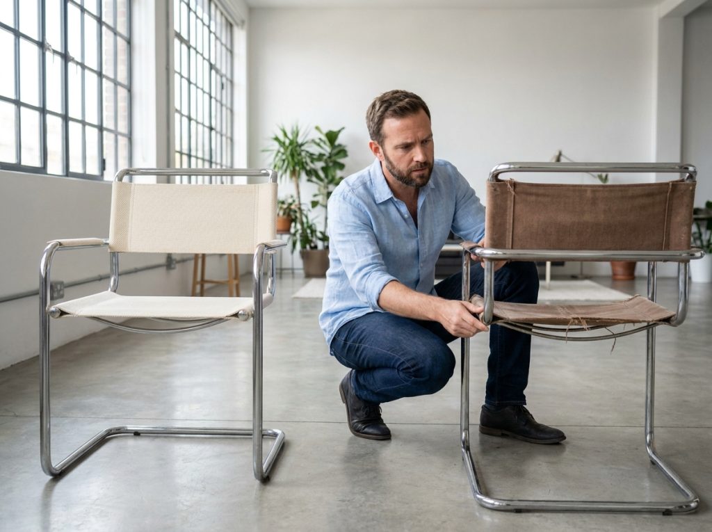 Homme comparant une chaise cantilever neuve et une occasion dans un showroom d'appartement moderne