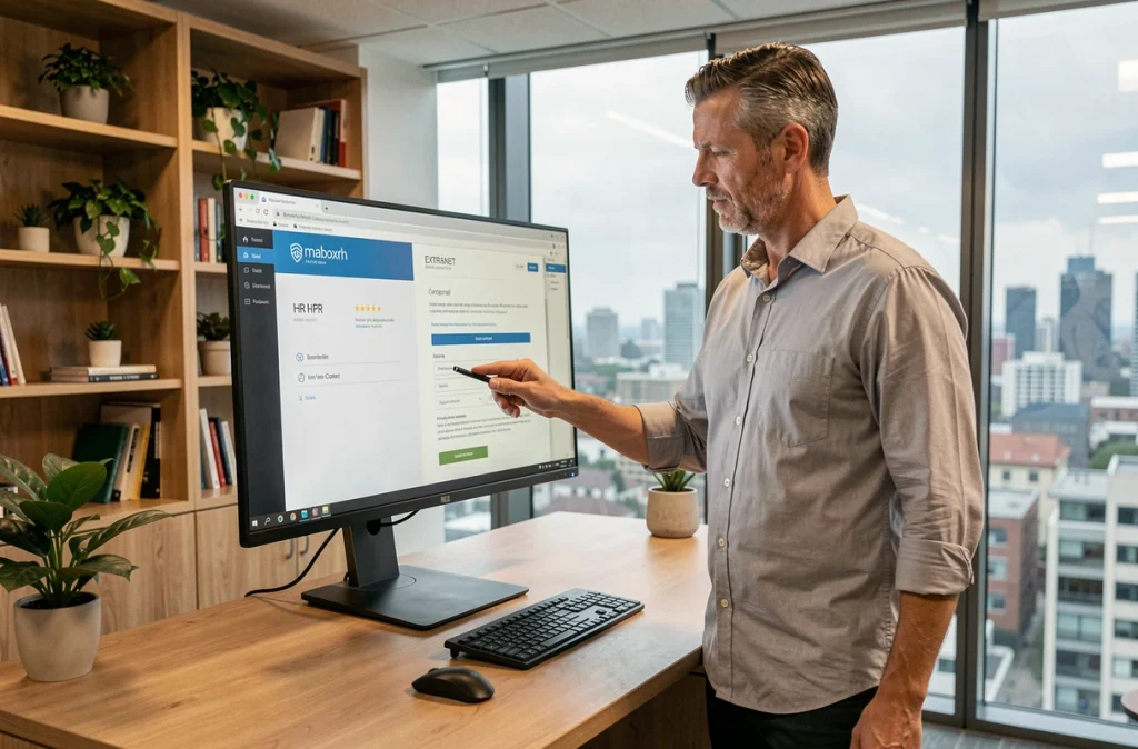 Un employé comparant les interfaces maboxrh et l'extranet La Poste sur un double écran de bureau