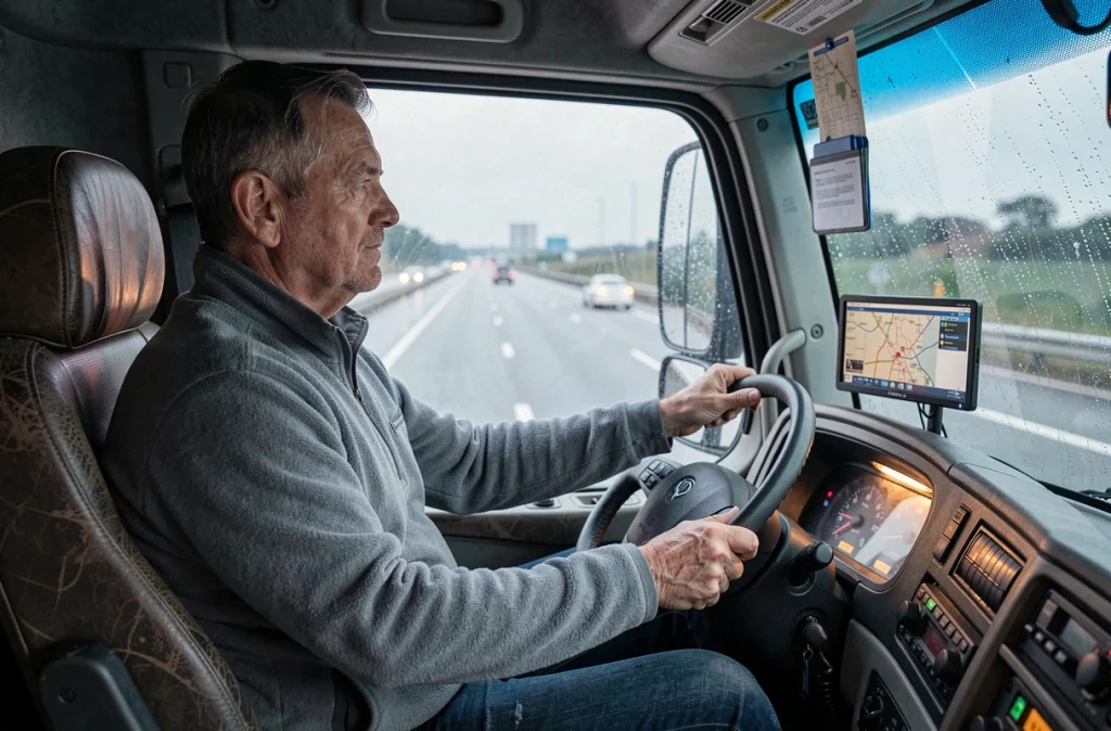 Conducteur de camion poids lourd en cabine la nuit sur autoroute sous la pluie