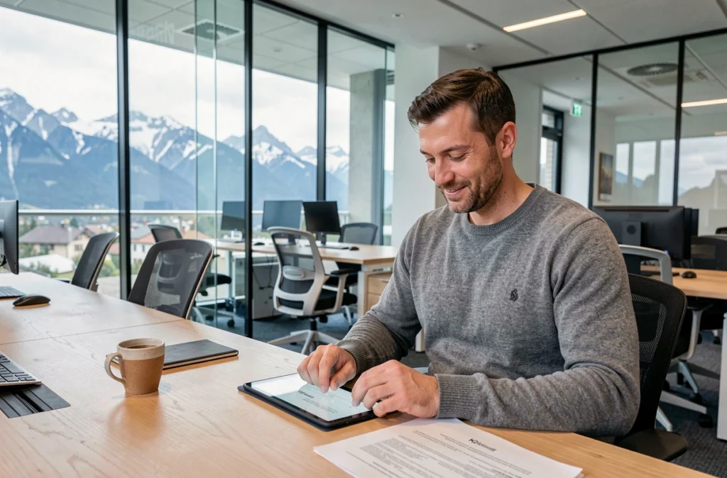 Freelance consultant en portage salarial travaillant dans un bureau moderne à Grenoble avec vue sur les Alpes