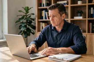 Consultant en portage salarial préoccupé devant son ordinateur portable avec des documents financiers sur son bureau à domicile