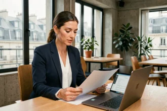 Consultante en portage salarial à Paris travaillant sur un contrat dans un espace de coworking moderne
